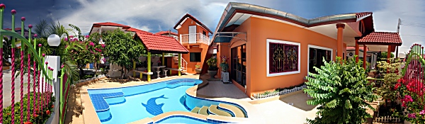 190 degree panorama view of the house with the swimming pool